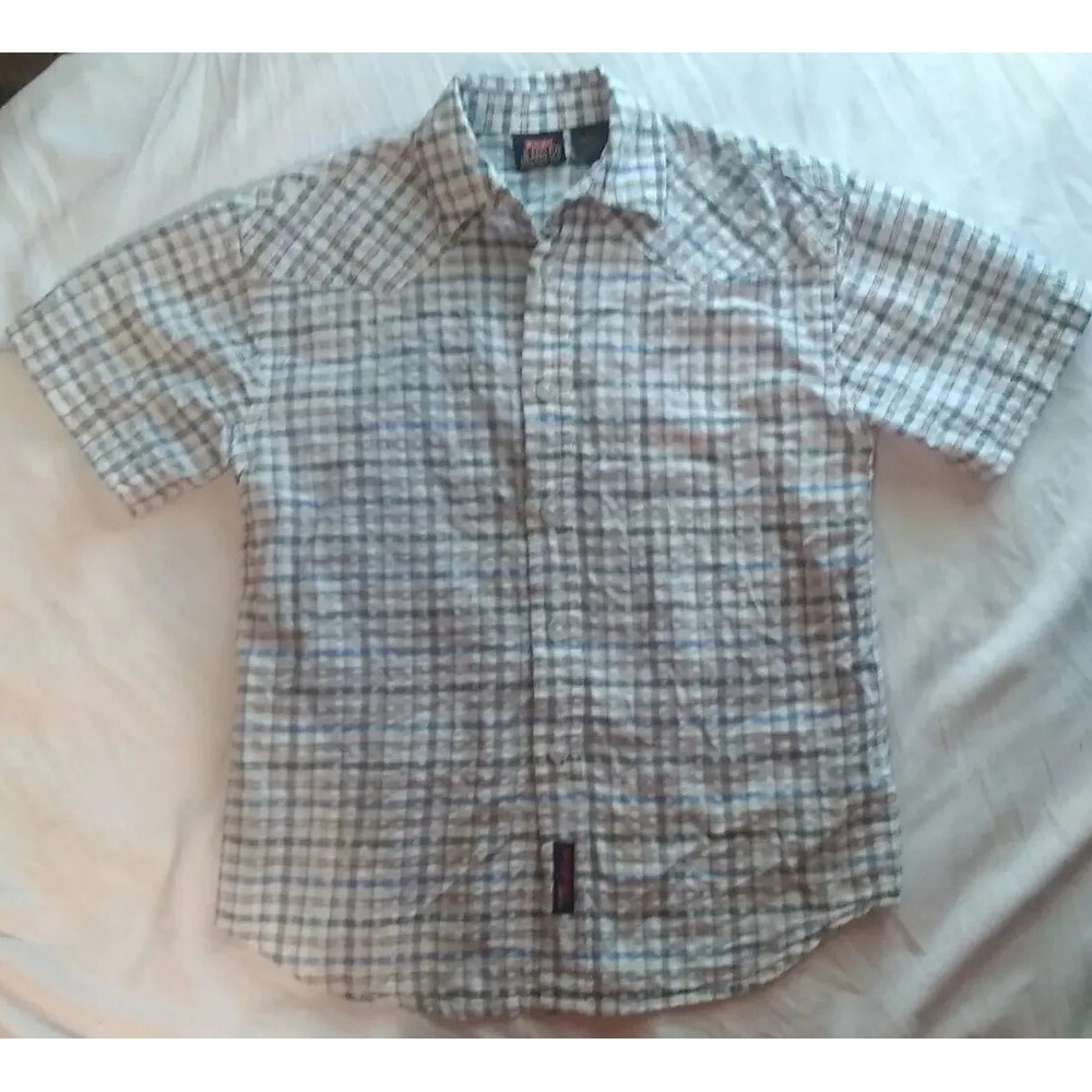 Wranglers Boys Dress Shirt Size XS 4/5 Button Up Blue Red Plaid Crepe Texture
